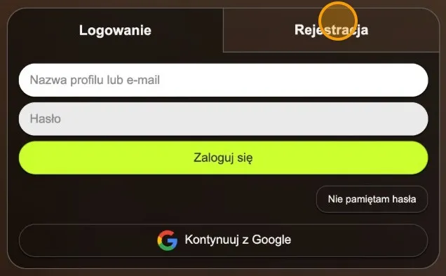 Panel logowania w serwisie Datezone z zaznaczoną zakładką Rejestracja obok zakładki Logowanie