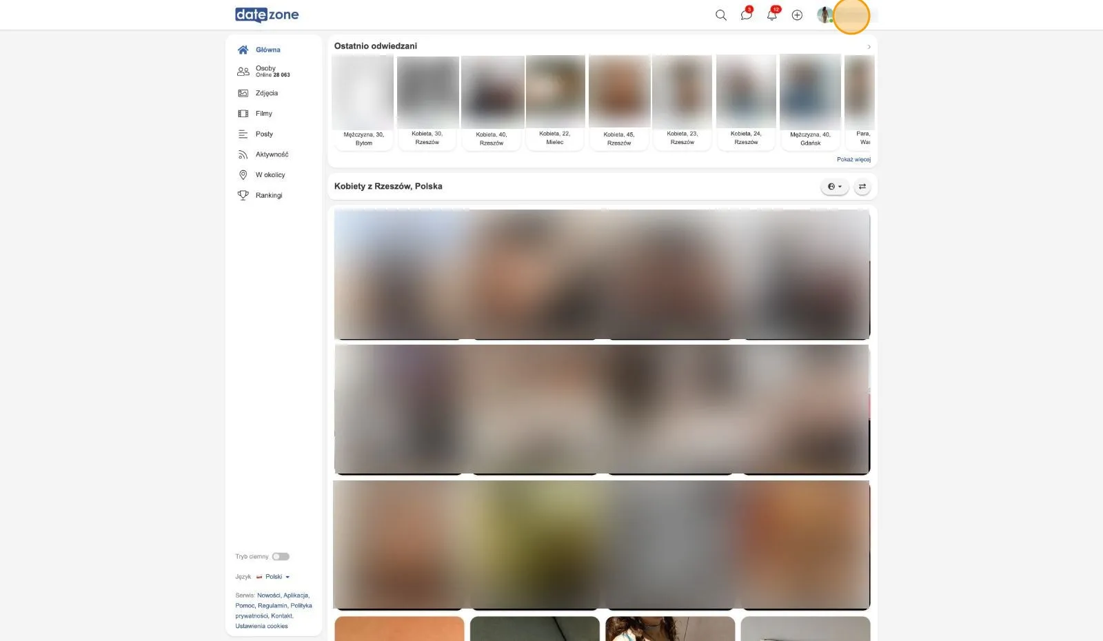 Strona główna serwisu Datezone z zaznaczoną nazwą użytkownika i awatarem w prawym górnym rogu paska nawigacji