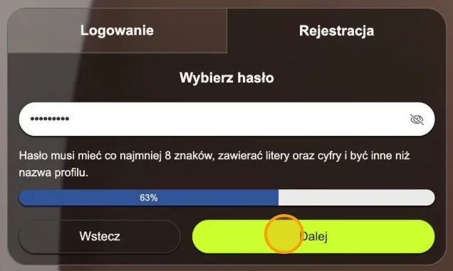 Ekran Wybierz hasło w formularzu rejestracji Datezone z ukrytym hasłem, opisem wymagań i zaznaczonym przyciskiem Dalej