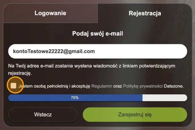 Ekran Podaj swój e-mail w formularzu rejestracji Datezone z wpisanym adresem i zaznaczonym polem akceptacji regulaminu