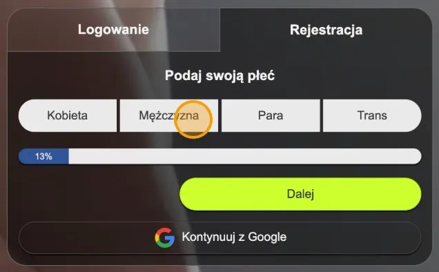 Ekran Podaj swoją płeć w formularzu rejestracji Datezone z przyciskami Kobieta, Mężczyzna, Para i Trans oraz zaznaczonym przyciskiem Mężczyzna