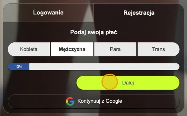 Formularz rejestracji Datezone z wybraną opcją Mężczyzna i zaznaczonym zielonym przyciskiem Dalej
