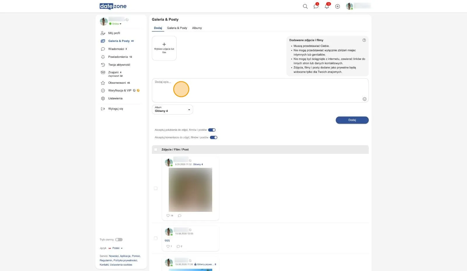 Karta Dodaj w panelu Galeria & Posty serwisu Datezone z zaznaczonym polem tekstowym Dodaj opis
