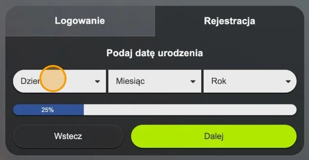 Ekran Podaj datę urodzenia w formularzu rejestracji Datezone z zaznaczoną listą rozwijaną Dzień