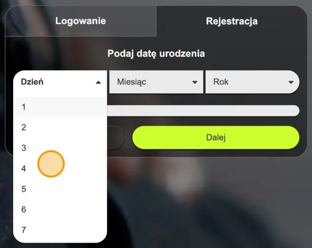 Rozwinięta lista dni w formularzu rejestracji Datezone z zaznaczoną pozycją 4