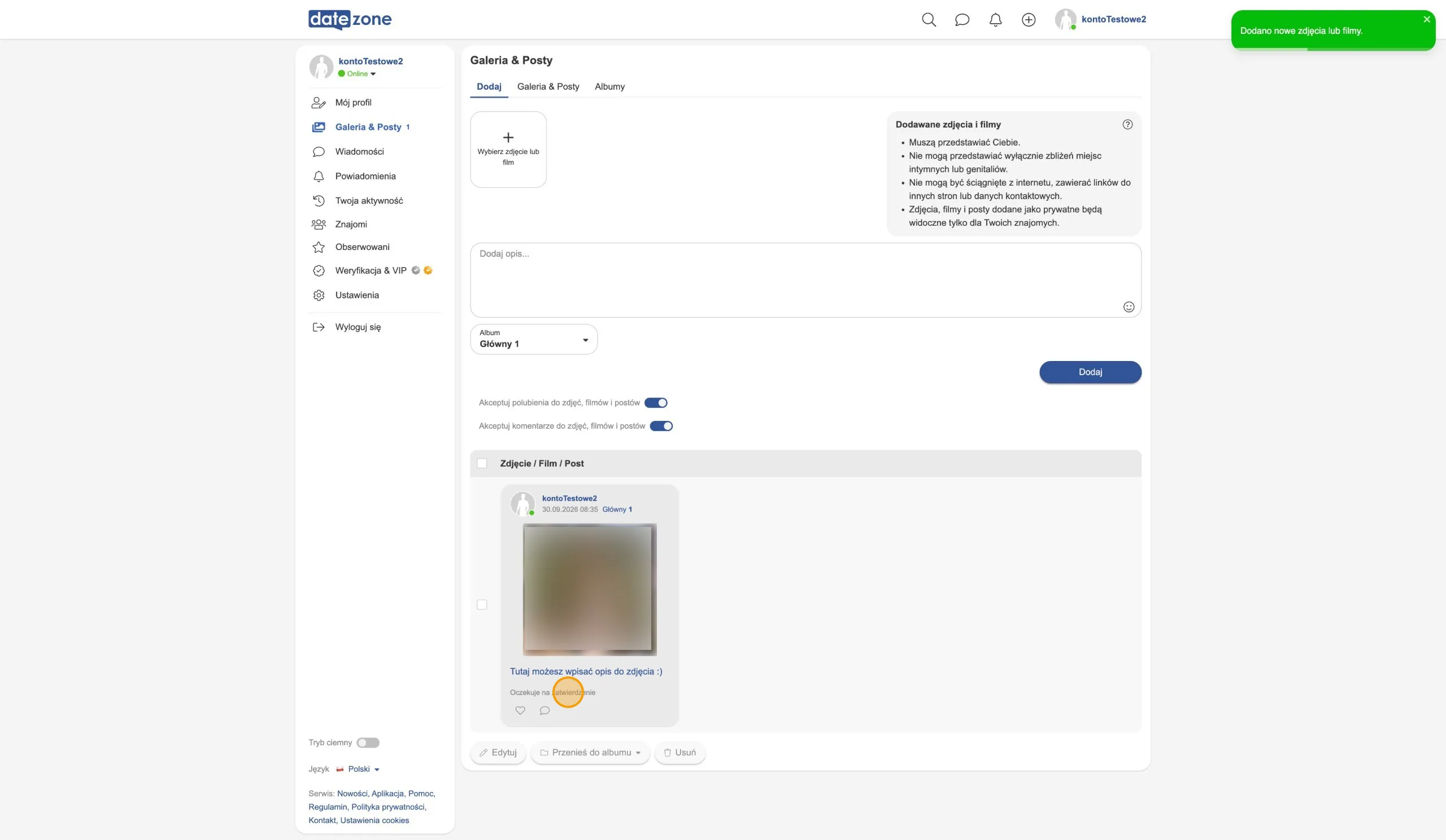 Panel Galeria & Posty w serwisie Datezone z komunikatem Dodano nowe zdjęcia lub filmy i nowym zdjęciem ze statusem Oczekuje na zatwierdzenie