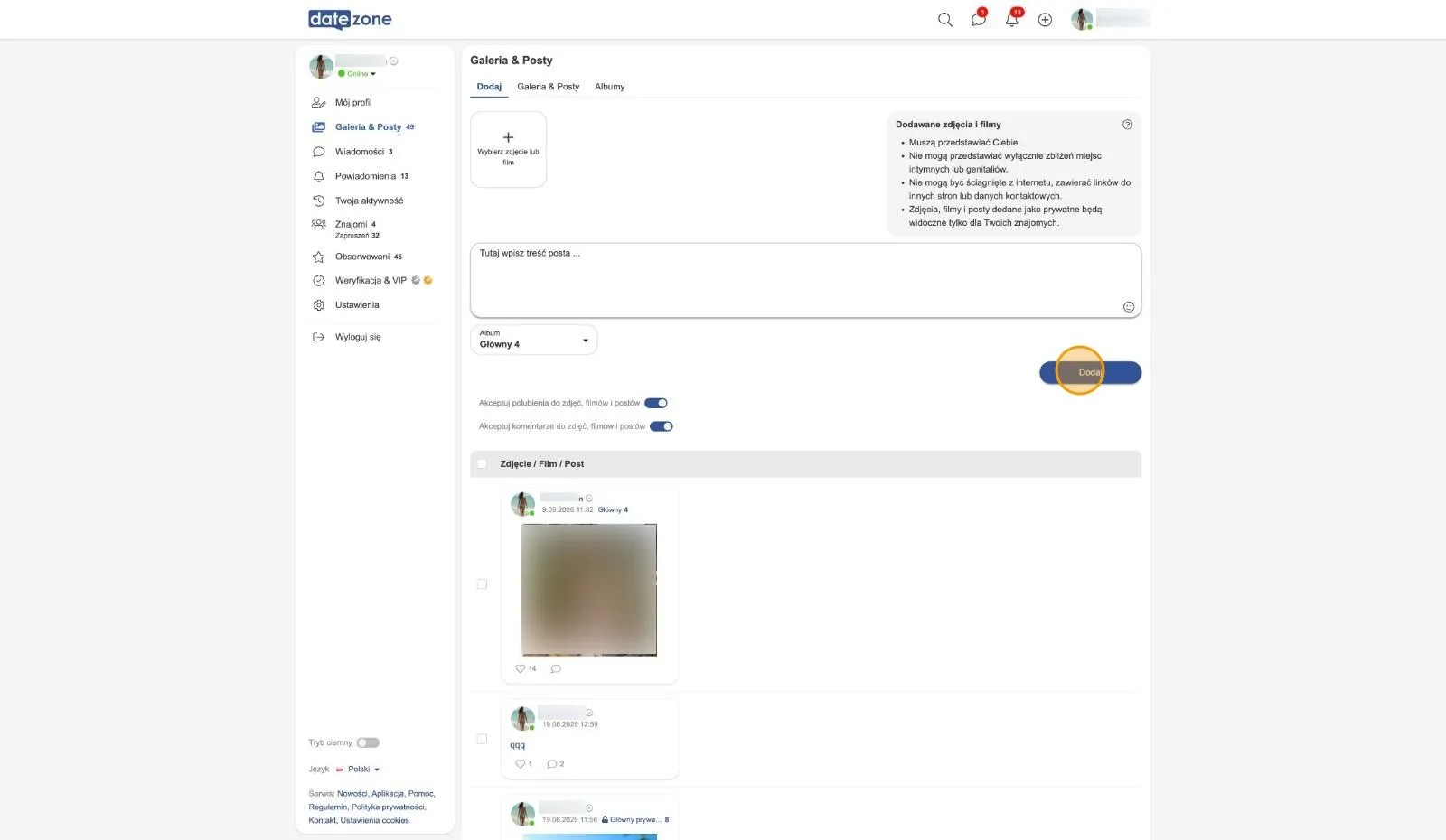 Formularz posta w serwisie Datezone z zaznaczonym niebieskim przyciskiem Dodaj