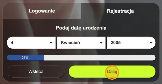 Uzupełniona data urodzenia w formularzu rejestracji Datezone z zaznaczonym przyciskiem Dalej obok przycisku Wstecz