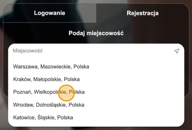 Pole Miejscowość w formularzu rejestracji Datezone z listą podpowiedzi i zaznaczoną pozycją Poznań, Wielkopolskie, Polska