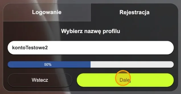 Ekran Wybierz nazwę profilu w formularzu rejestracji Datezone z wpisaną nazwą i zaznaczonym przyciskiem Dalej