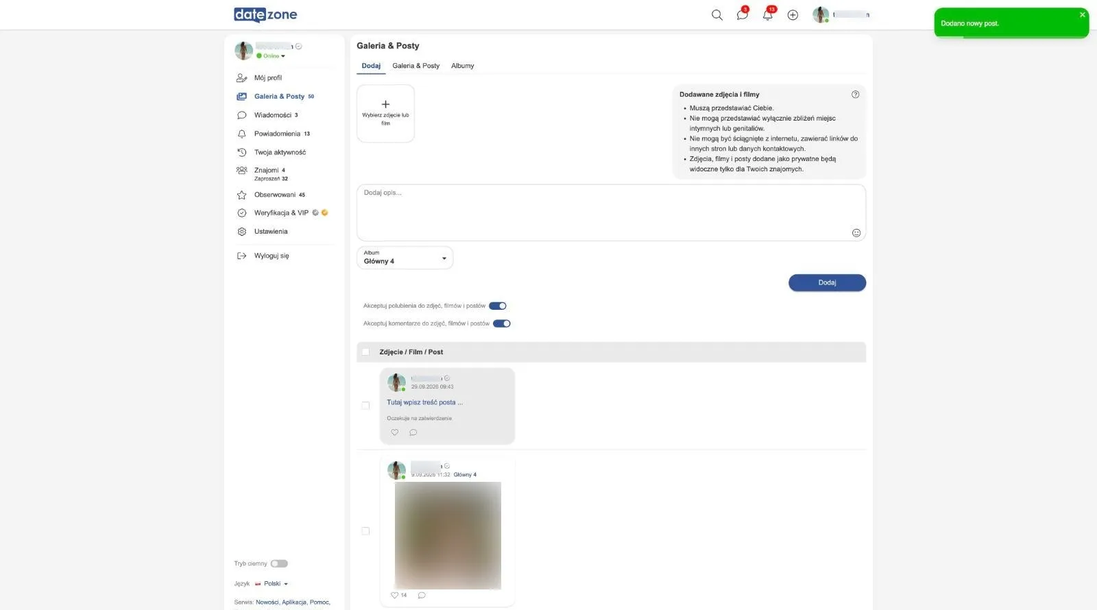 Panel Galeria & Posty w serwisie Datezone z komunikatem „Dodano nowy post” i nowym wpisem oczekującym na zatwierdzenie