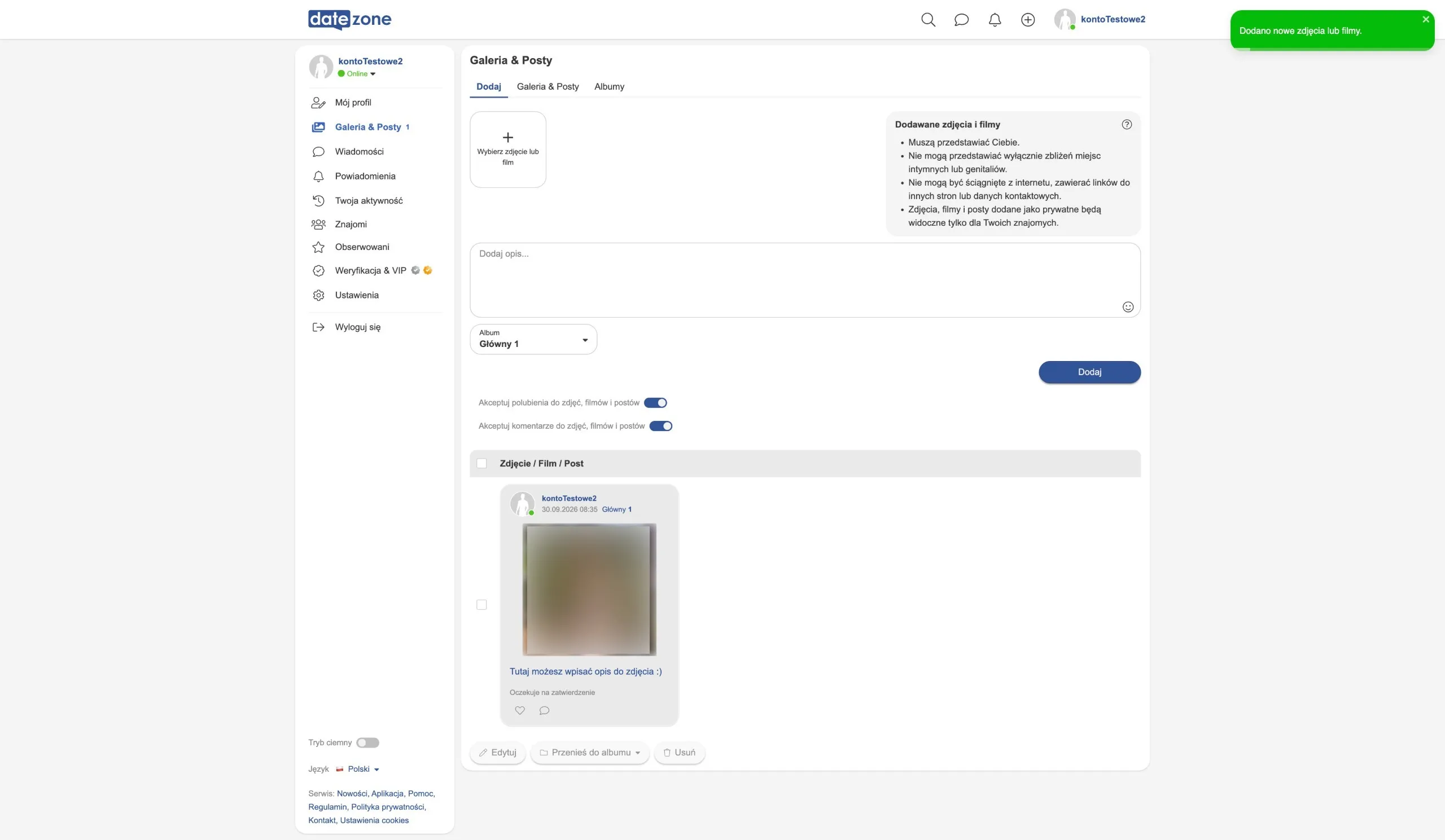 Lista Zdjęcie / Film / Post w panelu Galeria & Posty serwisu Datezone z pierwszym dodanym zdjęciem oczekującym na zatwierdzenie