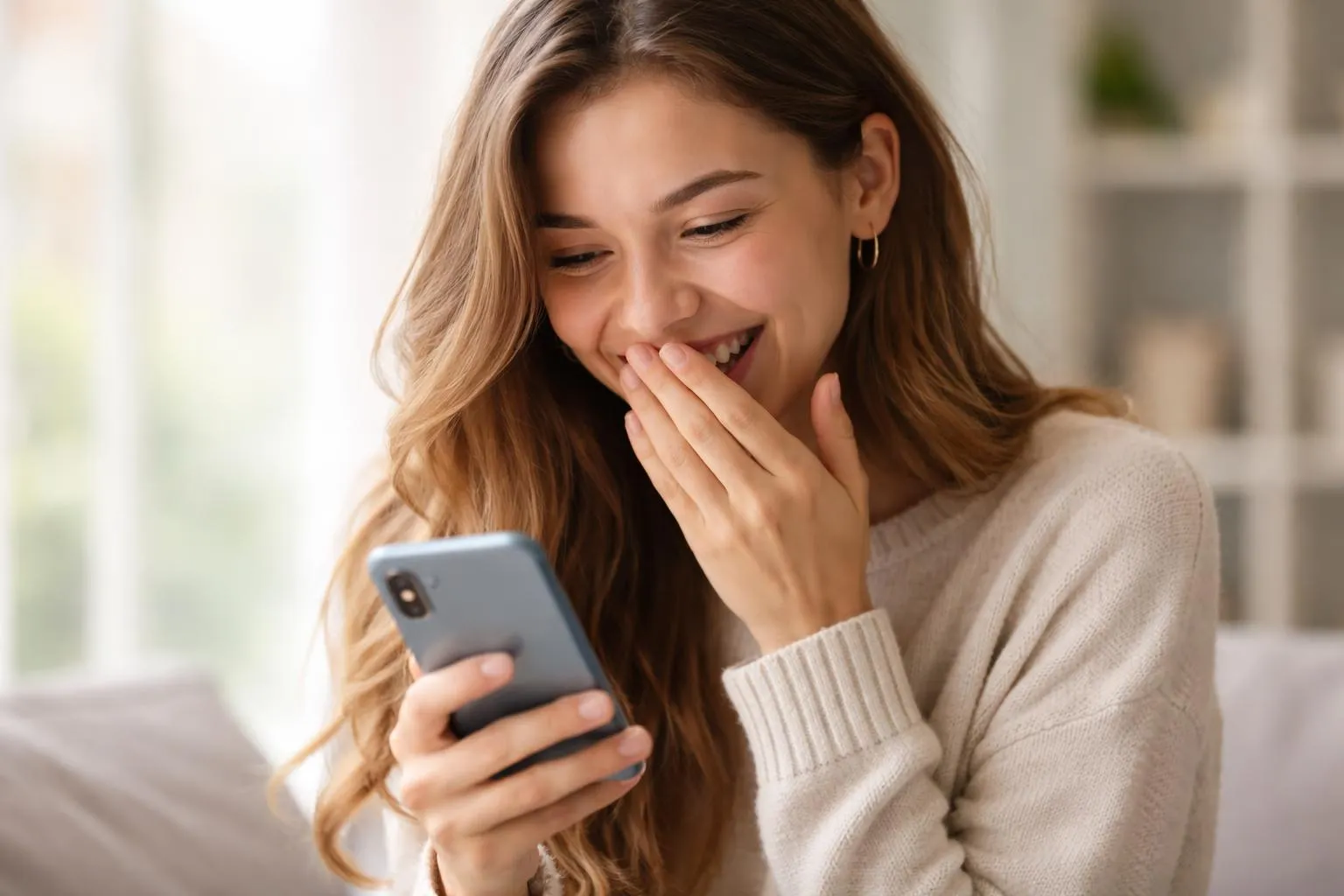 Dziewczyna czyta wiadomość na telefonie i śmieje się, trzymając dłoń przy ustach